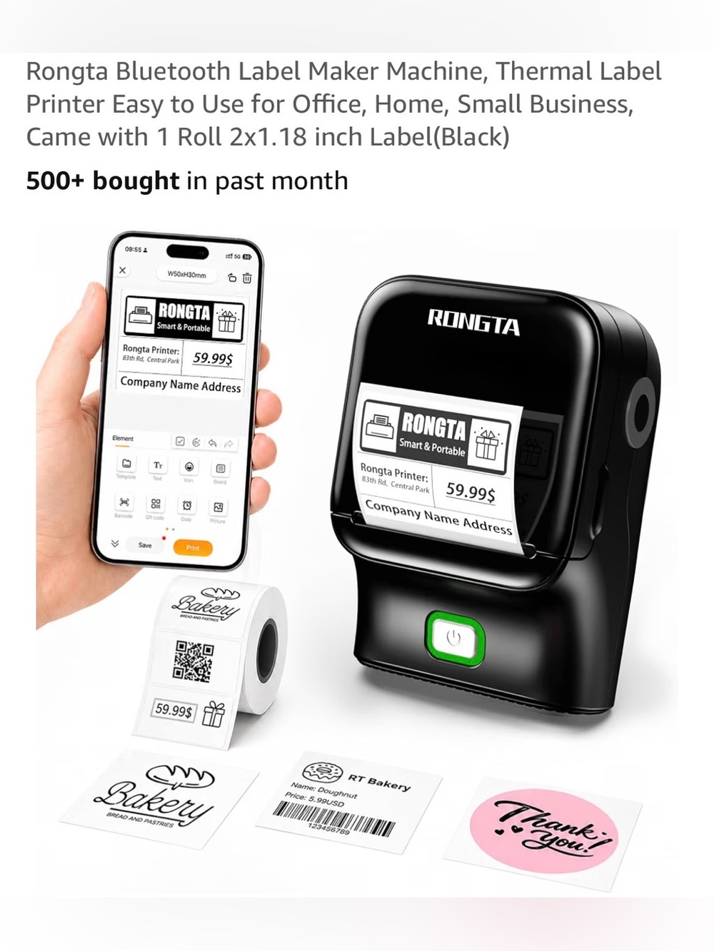 Rongta Portable Thermal Label Printer - Black free 🆓 900 stickers